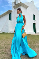 Blue A Line Prom Dress Sleeveless Halter Neck Satin Formal Dress