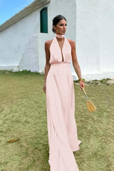 Blue A Line Prom Dress Sleeveless Halter Neck Satin Formal Dress