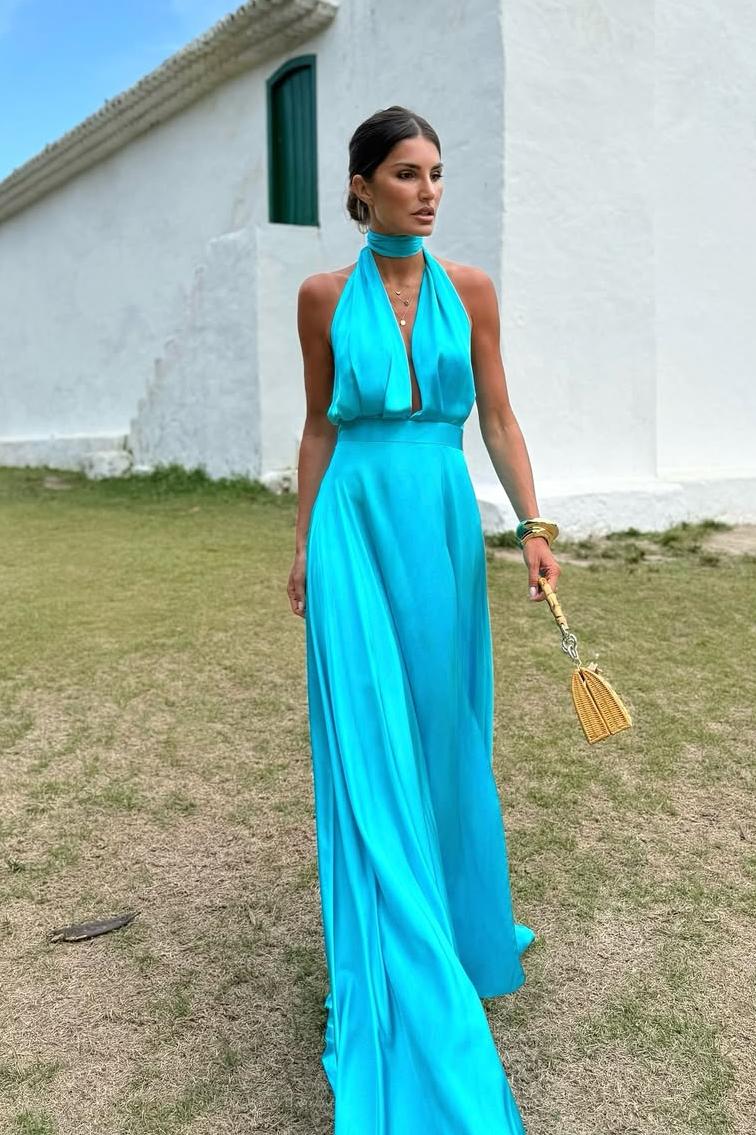 Blue A Line Prom Dress Sleeveless Halter Neck Satin Formal Dress