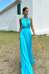 Blue A Line Prom Dress Sleeveless Halter Neck Satin Formal Dress