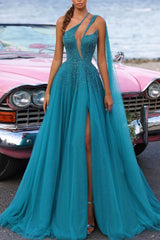 Blue A Line Prom Dress Sleeveless One Shoulder Beaded Formal Dress