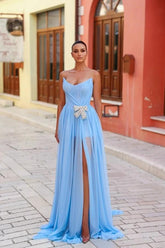 Blue A Line Prom Dress Sleeveless Strapless Beaded Formal Dress