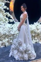 Blue A Line Prom Dress Sleeveless Strapless Formal Dress With 3D Flowers