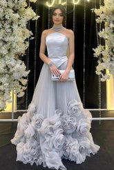 Blue A Line Prom Dress Sleeveless Strapless Formal Dress With 3D Flowers