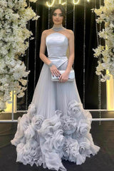 Blue A Line Prom Dress Sleeveless Strapless Formal Dress With 3D Flowers