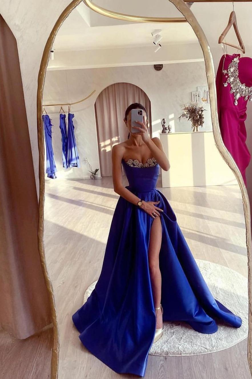 Blue A Line Prom Dress Sleeveless Sweetheart Beaded Formal Dress