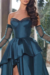 Blue A-Line Prom Dress Strapless Long Sleeves Formal Evening Dresses with Slit