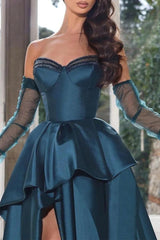 Blue A-Line Prom Dress Strapless Long Sleeves Formal Evening Dresses with Slit