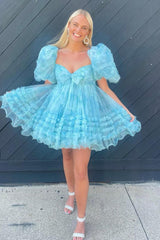 Blue A-Line Puff Sleeves Sweetheart Floral Short Homecoming Dress