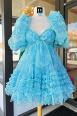 Blue A-Line Puff Sleeves Sweetheart Floral Short Homecoming Dress