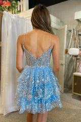 Blue A-Line Spaghetti Straps Sequin Short Homecoming Dress