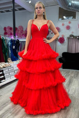 Blue A Line Tiered Long Tulle Prom Dress with Ruffles