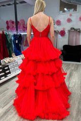 Blue A Line Tiered Long Tulle Prom Dress with Ruffles