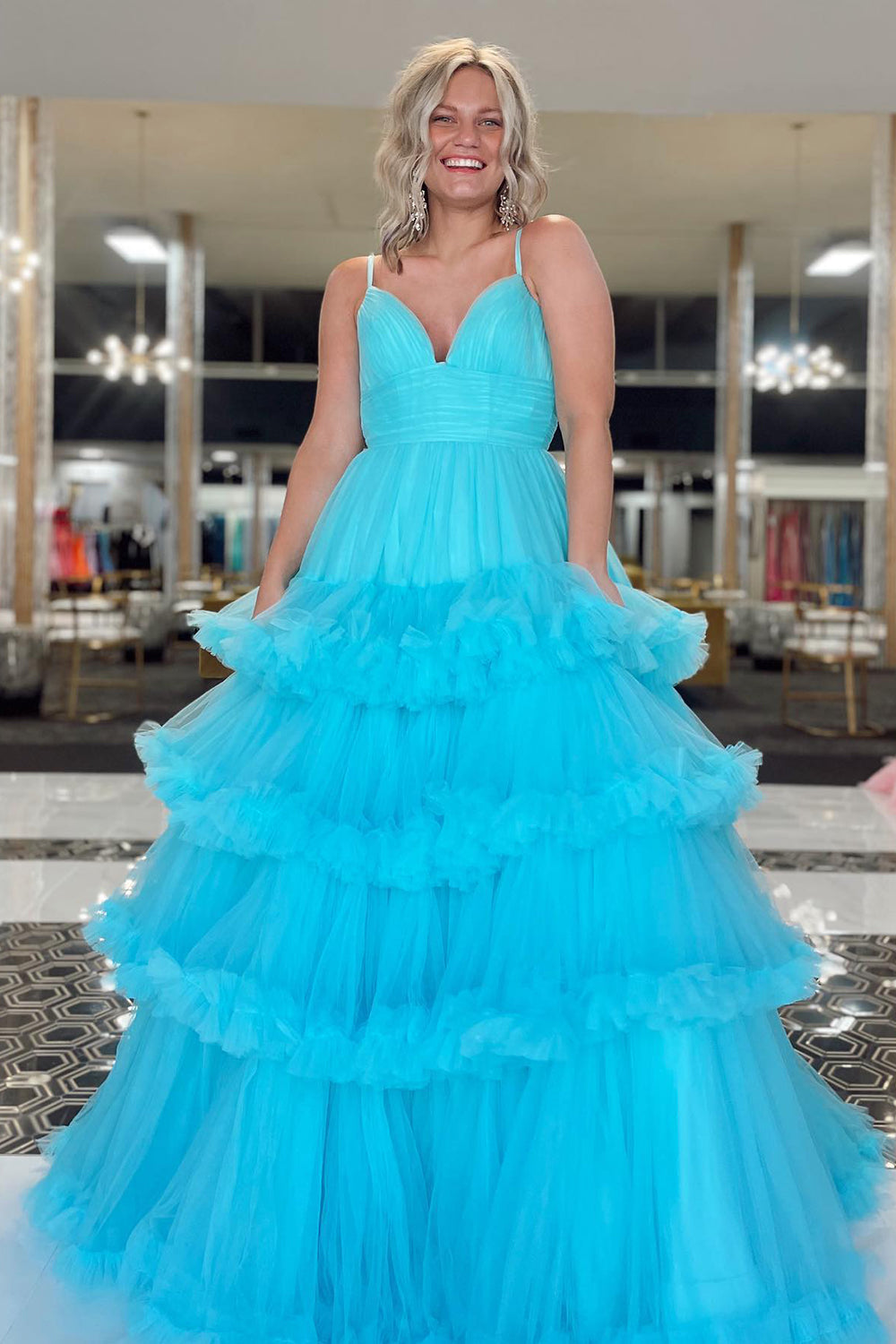 Blue A Line Tiered Long Tulle Prom Dress with Ruffles