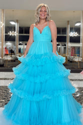 Blue A Line Tiered Long Tulle Prom Dress with Ruffles