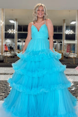 Blue A Line Tiered Long Tulle Prom Dress with Ruffles