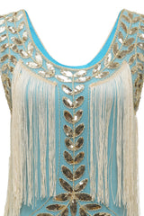 Blue Apricot Gatsby Dress Sequin Fringe 1920s Dress