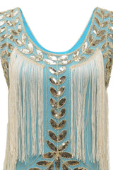 Blue Apricot Gatsby Dress Sequin Fringe 1920s Dress