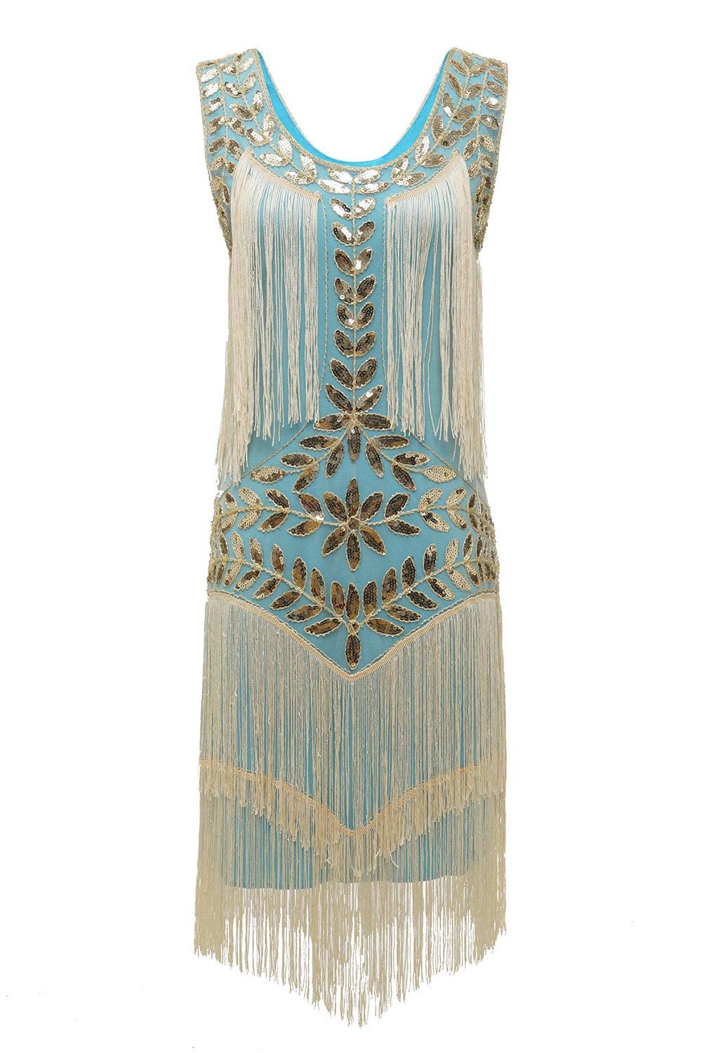 Blue Apricot Gatsby Dress Sequin Fringe 1920s Dress