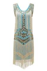 Blue Apricot Gatsby Dress Sequin Fringe 1920s Dress