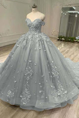 Blue Ball Gown Prom Dress Off the Shoulder Formal Dress With Lace Appliques
