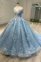 Blue Ball Gown Prom Dress Off the Shoulder Formal Dress With Lace Appliques