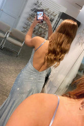 Blue Beaded Prom Dress Mermaid Evening with Slit