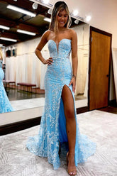 Blue Detachable Sleeves Prom Dress Sweetheart Lace Long Evening Dress with Slit
