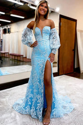 Blue Detachable Sleeves Prom Dress Sweetheart Lace Long Evening Dress with Slit