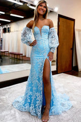 Blue Detachable Sleeves Prom Dress Sweetheart Lace Long Evening Dress with Slit