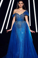 Blue Detachable Train Prom Dress Asymmetric Beaded Formal Dress