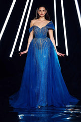Blue Detachable Train Prom Dress Asymmetric Beaded Formal Dress