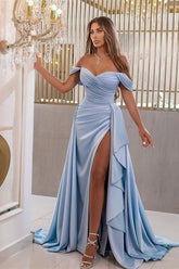 Blue Detachable Train Prom Dress Off the Shoulder Satin Formal Dress