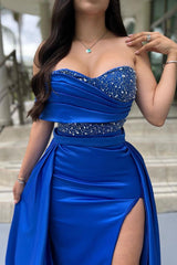 Blue Detachable Train Prom Dress One Shoulder Beaded Formal Dress
