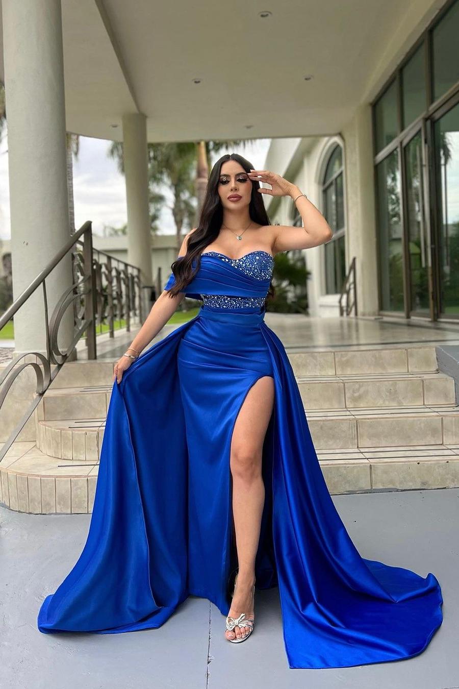 Blue Detachable Train Prom Dress One Shoulder Beaded Formal Dress