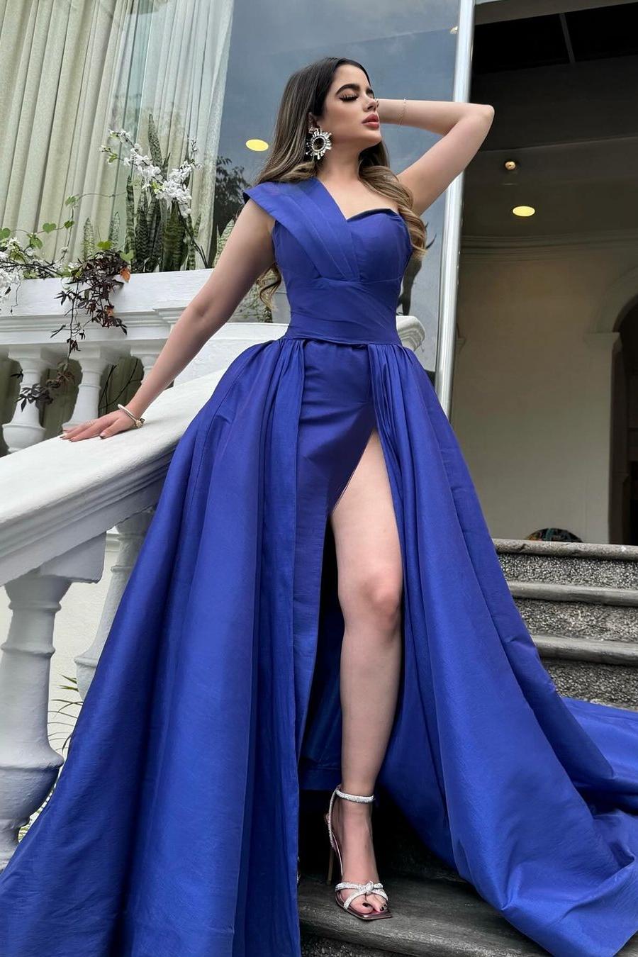 Blue Detachable Train Prom Dress Sleeveless One Shoulder Satin Formal Dress