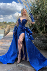 Blue Detachable Train Prom Dress Sleeveless Sweetheart Formal Dress With Lace Appliques