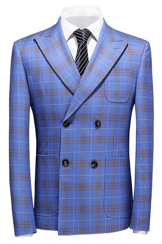 Blue Double Breasted Plaid Business Suit for Men