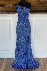 Blue Evening Dress One Shoulder Mermaid Sequin Prom Dress