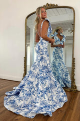 Blue Floral Print Mermaid Prom Dress With Bow Shoulder Straps Formal Evening Gown