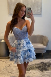 Blue Floral Ruffled Tiered A Line Homecoming Dresses Short Cocktail Dresses With Lace