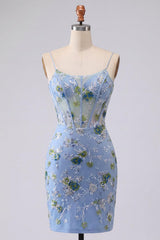 Blue Floral Tight Spaghetti Straps Short Corset Homecoming Dress