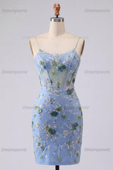 Blue Floral Spaghetti Straps Corset Tight Short Homecoming Dress