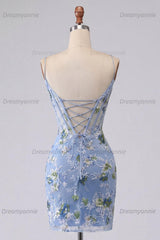 Blue Floral Spaghetti Straps Corset Tight Short Homecoming Dress