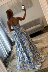 Blue Floral Spaghetti Straps Ruffle High-Slit Prom Dress With Lace Bodice Formal Evening Gown