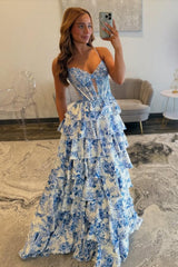 Blue Floral Spaghetti Straps Ruffle High-Slit Prom Dress With Lace Bodice Formal Evening Gown