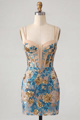 Blue Floral Sparkly Corset Sequin Tight Short Homecoming Dress