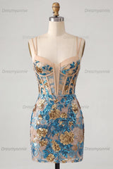 Blue Floral Sparkly Corset Sequin Tight Short Homecoming Dress