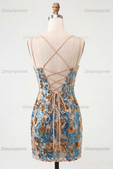 Blue Floral Sparkly Corset Sequin Tight Short Homecoming Dress
