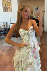 Floral Sweetheart Long Ruffled Chiffon Prom Dress With Slit Formal Evening Gown
